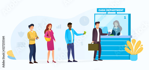 People queuing at a bank for a cashier in the cash department in a financial concept, vector illustration