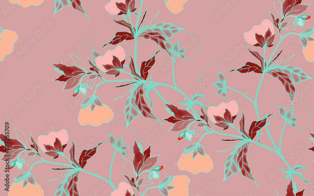 Graceful ornament of cotton flowers on a turquoise, sea foam color background. Seamless floral pattern. Graceful ornament of cotton flowers on a turquoise, sea foam color background. Seamless floral pattern.