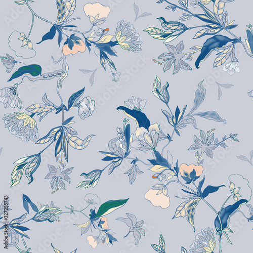 Delicate floral ornament of branches, leaves and inflorescences on a pink background. Seamless pattern.