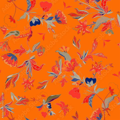 Delicate floral ornament of branches, leaves and inflorescences on a pink background. Seamless pattern.