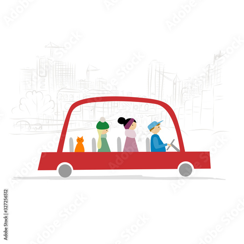 Red taxi car with people and cat drive on city background