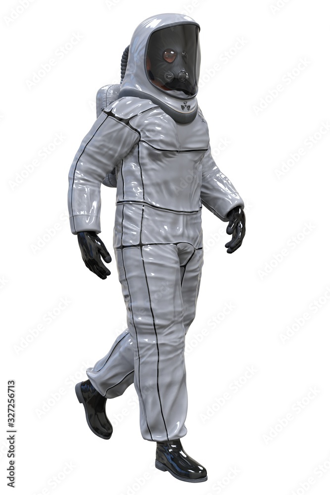 Man in a biohazard suit isolated on white 3d illustration