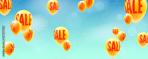 Sale, red text on yellow inflatable balloons flying in blue sky. Creative concept for sales and discount actions. Vector 3d illustration