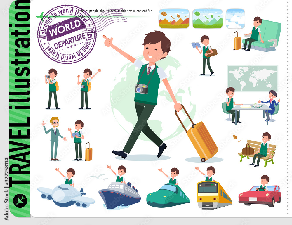 Fototapeta premium flat type school boy green vest summer_travel