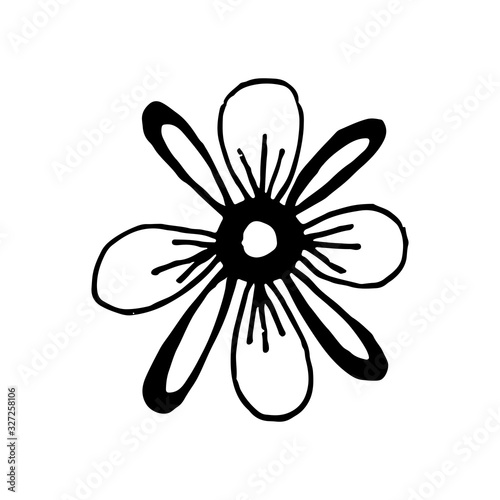 Set of flat flower icons in silhouette isolated and love lettering. Simple retro designs in black and white.