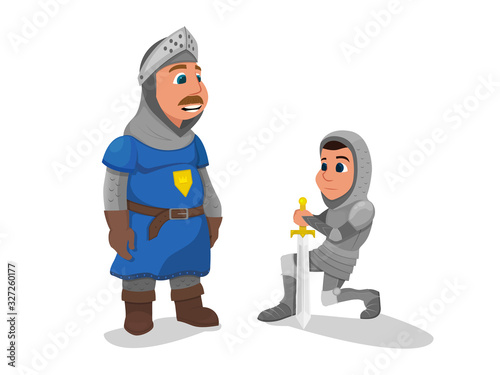 Young Knight in Metal Armor Stand on Knee with Sword in Hand Oath Giving to King Isolated on White Background. Historical Scene, Episode, Actors Playing Roles in Movie Cartoon Flat Vector Illustration