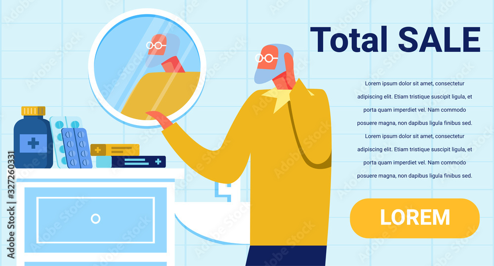 Banner Promoting Total Sale. Flat Poster with Editable Advertising Text. Cartoon Elderly Man Ready to Take Drugs. Saving Retirement Money and Discounts. Vector Medicine and Healthcare Illustration