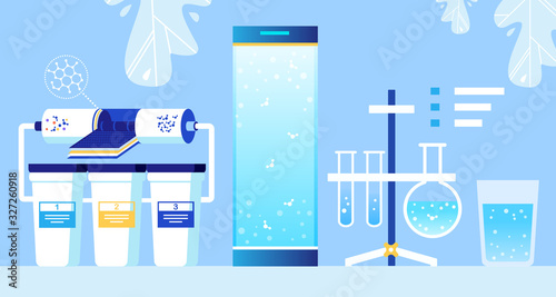 Cartoon Water Cleaning Nanofiltration System with Nanofilter and Three Reservoirs, Flasks with Chemicals on Tripod, Purified Aqua in Glass. Vector Flat Illustration with Foliage Decoration