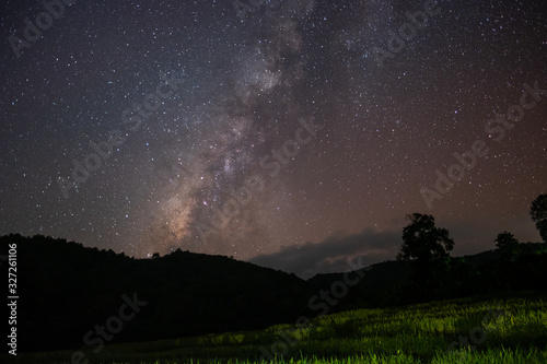 The stars and the milky way in the dark sky at night are very beautiful.