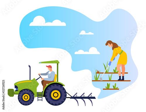 Woman Gardener Weeding Garden Bed. Farmer Growing, Planting and Caring of Plants in Greenhouse or Ranch. Worker Character Driving Tractor, Grow Agricultural Products. Cartoon Flat Vector Illustration