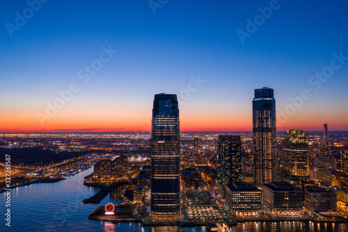 Jersey City skyline with waterfront in sunset, aerial photography 