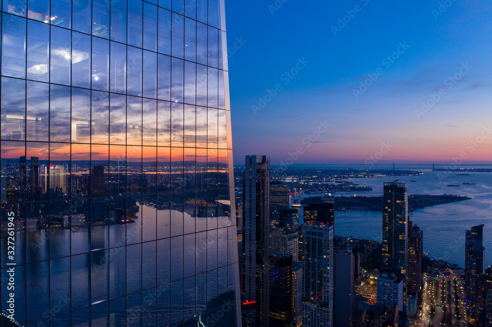 New York City WTC with governors island in sunset, aerial photography 