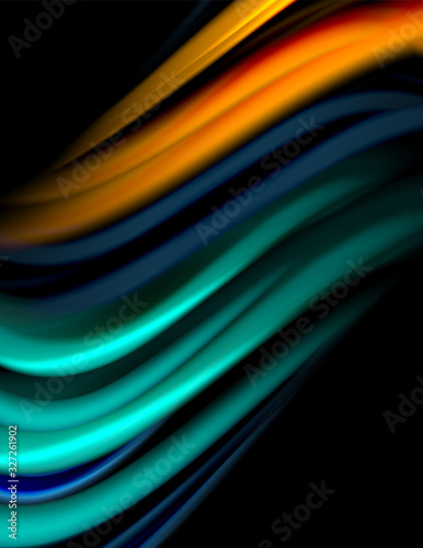 Silk smooth lines on black, liquid fluid color waves. Vector Illustration