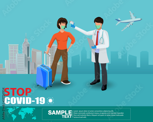Temperature thermometer covid-19 checkpoint,people in the line to scan coronavirus by officer at the checkpoint, stop virus outbreak concept,Before entering public area,Health vector illustration.