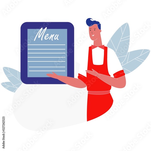 Young Handsome Smiling Man Waiter Wearing Uniform Presenting Menu Board Isolated on White Background, Restaurant Staff, Hospitality, Invitation for Visiting Cafe. Cartoon Flat Vector Illustration