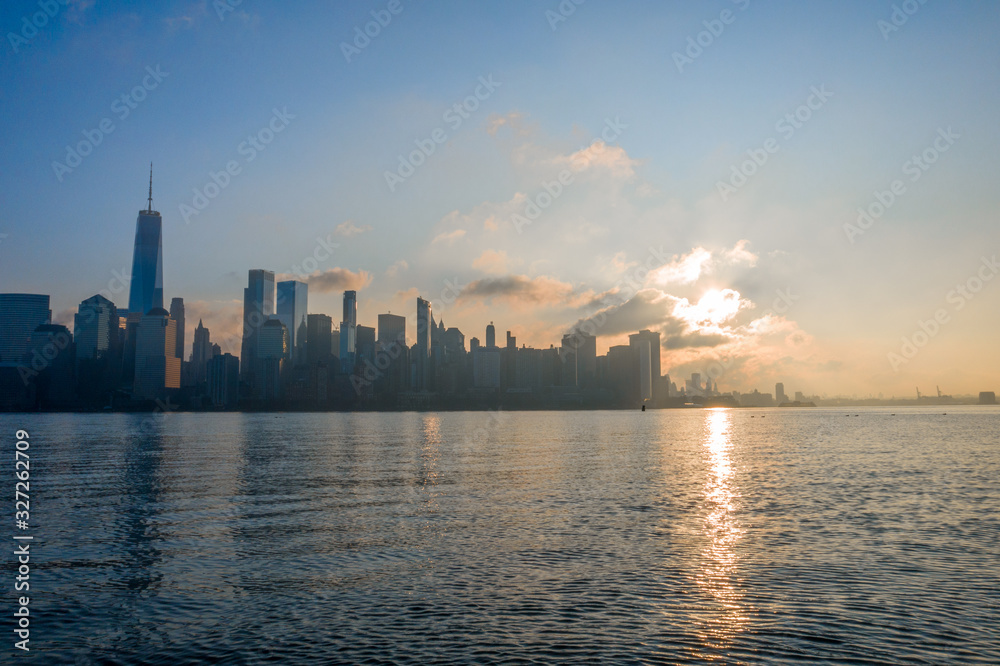 New York City Skyline from Hudson River in sunset, aerial photography 