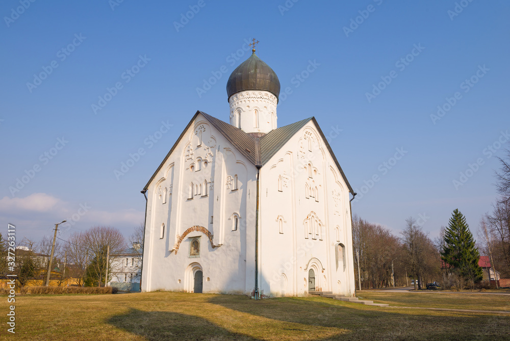 Medieval Church of the Transfiguration of the Savior on Ilyin Street close-up on April morning. Veliky Novgorod, Russia