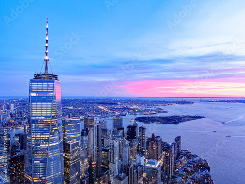 New York City Skyline and WTC with East River in sunset, aerial photography 