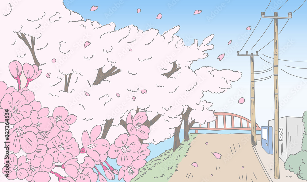 桜が咲く田舎の風景線画 Stock Illustration Adobe Stock