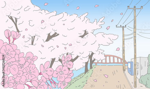 桜が咲く田舎の風景線画