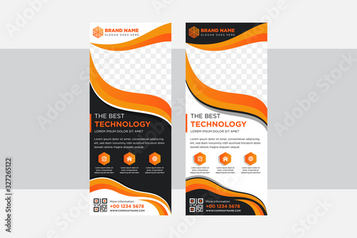 Orange, white, and black Roll Up Banner vector template, display, curve wave background, advertisement, flyer design, stand layout. space for photo. 