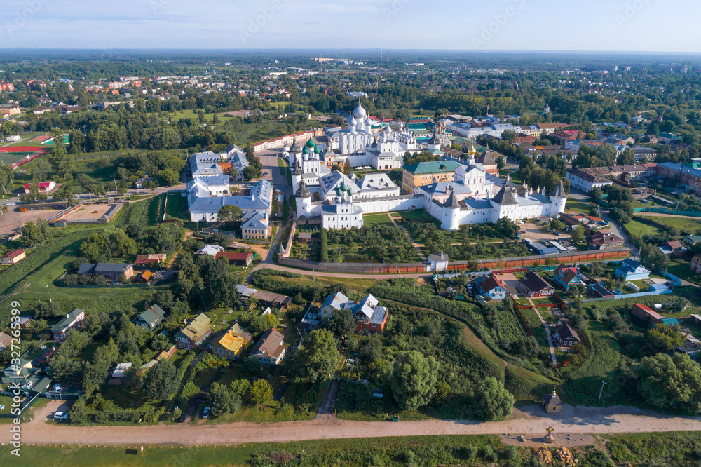 Kremlin of Rostov the Great in the cityscape on a July day (aerial photography). Golden ring of Russia