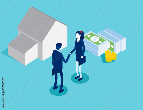 Selling housing or renting. Concluding a deal concept. Isometric vector style