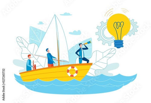 Advertising Flyer Search Ideas for Smm Cartoon. Social Networks have Many Target Audiences. Men Float in Boat Orienting Themselves to Glowing Light Bulb. Guy is Looking Through Telescope.