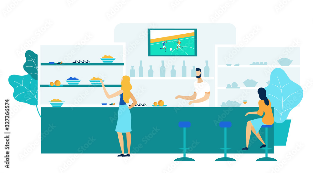 Young Women in Bar, Pub Flat Vector Illustration. Tavern Customers and Bartender Cartoon Characters. Woman making Order, Lady Watching Football Game on Television. Counter with Snacks and Drinks Young Women in Bar, Pub Flat Vector Illustration. Tavern Customers and Bartender Cartoon Characters. Woman making Order, Lady Watching Football Game on Television. Counter with Snacks and Drinks