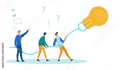 Business Workers Holding Cable from Bulb Light Flying ahead Flat Cartoon Vector Illustration. Leadership Concept. Men Having Idea, Brainstorming. Question Marks, Bubbles for Text. Huge Lamp.