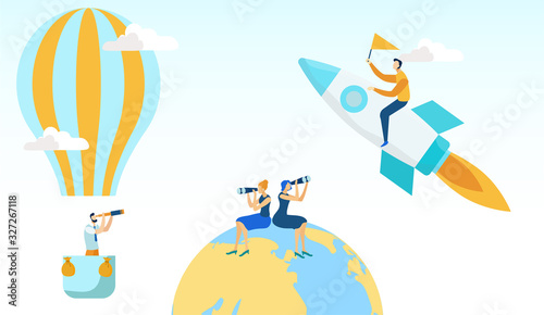 Women Sitting on Globe Earth with Binoculars, Watching on Man Flying on Rocket with Flag and Guy with Telescope on Hot Air Balloon Flat Cartoon Vector Illustration. Business Workers Starting Project.