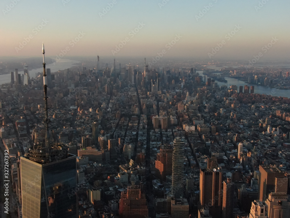 New York skyline with world trade center wtc in sunset, aerial photography