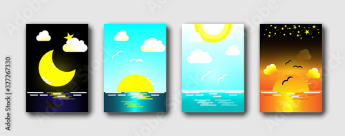 Daytime sea. Morning, day and night skyline, Ocean in different time and sea sky. Abstract background vector illustration set.