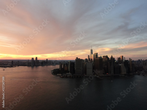 Shot from Brooklyn toward New York downtown and Jersey City in sunset, aerial photography