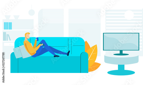 Guy Watching Television Flat Vector Illustration. Lazy Person, Introvert Cartoon Character. Young Man Lying on Couch in Living Room, Holding Remote. Passive Recreation, Home Rest, Weekend Leisure