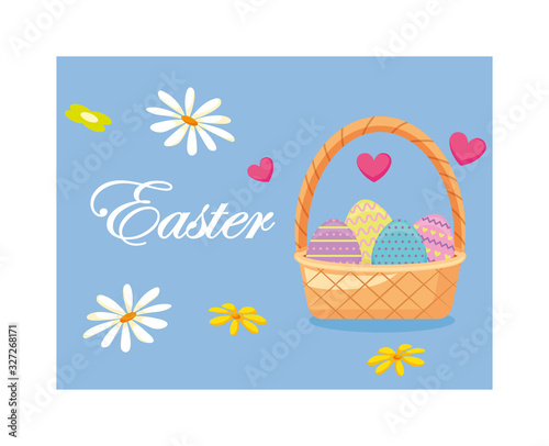 easter label with wicker basket and colorful easter eggs