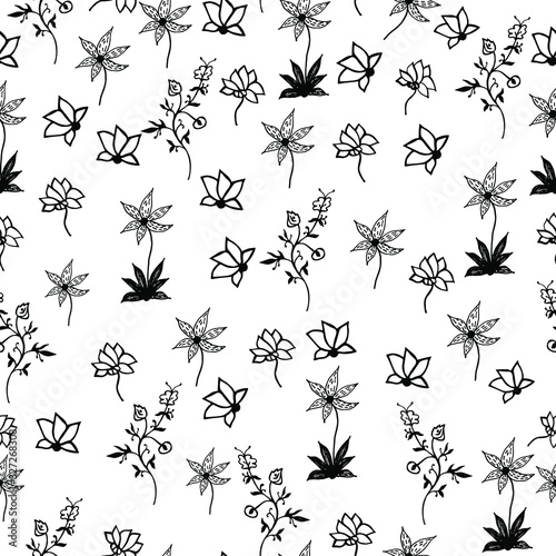Seamless pattern with abstract flowers, black and white. Vector hand drawn illustration. Doodle style, for your design projects. © Elena