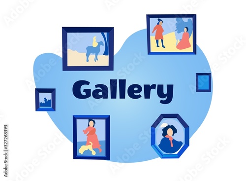 Exhibition Center. Vector Illustration. White Background. Walk Through Museum. Visit Exhibition. Pastel Tones. Watch Exclusive Exhibits. Paintings on Wall in Art Gallery. Exhibition of Paintings.