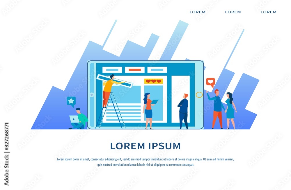 Social Media Marketing and Content Strategy Landing Page. App Design, Development and Optimization. Cartoon Creative Team Characters Working with Mobile Network Account. Vector Flat Illustration