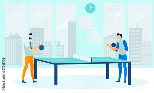 Friends Playing Ping Pong Flat Vector Illustration. Young Men holding Rackets Cartoon Characters. Guys Playing Table Tennis, Active Recreation. Friendly Competition, Professional Tournament