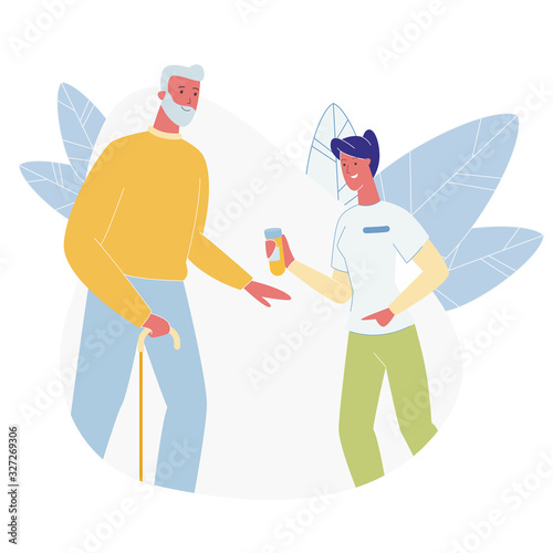 Doctor or Nurse Giving Pills to Senior Patient. Medicine, Health Care, Medical Staff Practitioner and Elderly Man in Hospital. Consultation, Diagnosis, Treatment Cartoon Flat Vector Illustration