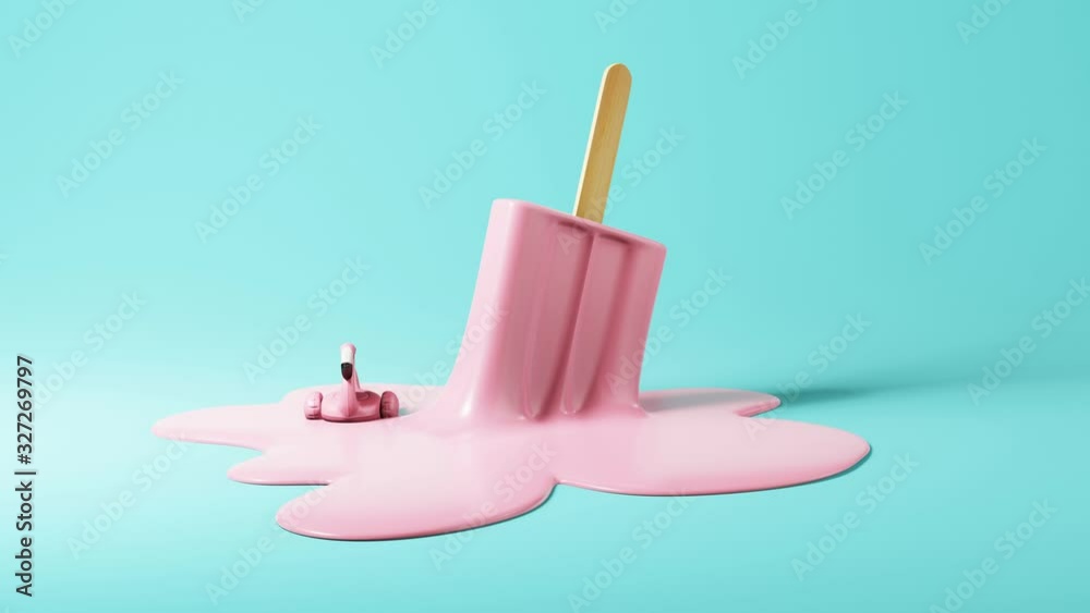 Flamingo float rotate around ice cream on pastel blue background. Seamless looped animation. Minimal summer concept. 3d rendering