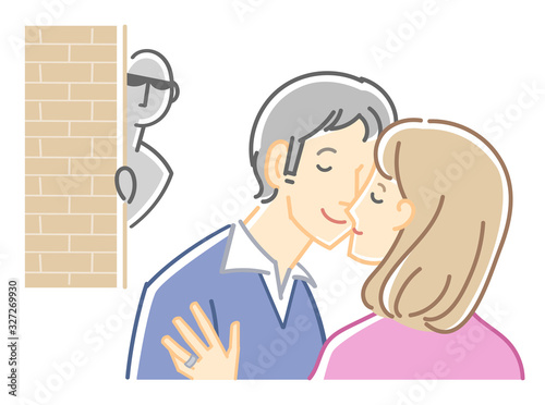 男女二人のイラスト（キスと目撃者・不倫）カラー