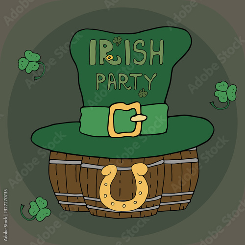 Happy Saint Patrick's day. Green clover, leprechaun hat, beer barrels, good luck horseshoe.