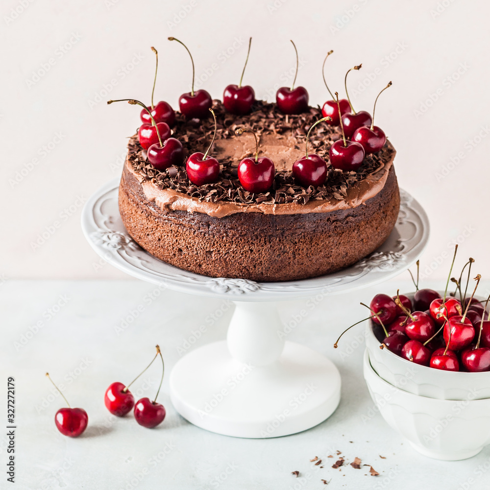 Fotografie Chocolate Cake with Sweet Cherries