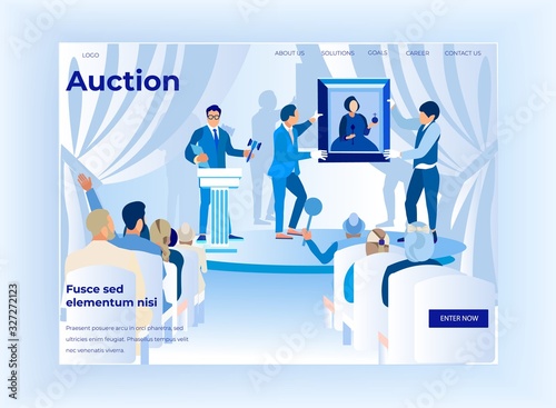 Auction Horizontal Banner, People Bidding in Public Auction House. Buyers at Masterpiece Trade, Man Auctioneer Raising Gavel to Knock Down Sale Highest Bidder Close. Cartoon Flat Vector Illustration