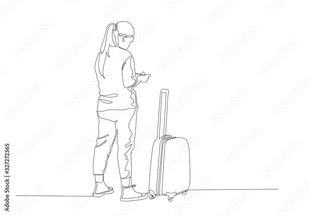 One continuous line drawing of standing  traveler with baggage