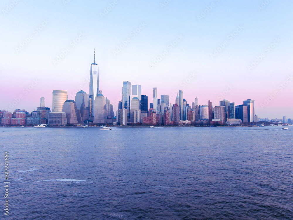 New York City Skyline from Jersey City in sunset, aerial photography