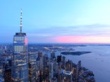 New York City Skyline and WTC with East River in sunset, aerial photography