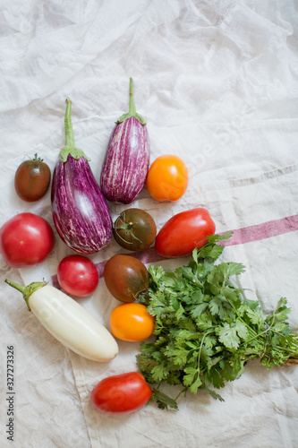 Fresh raw eggplants  tomatoes and parsley